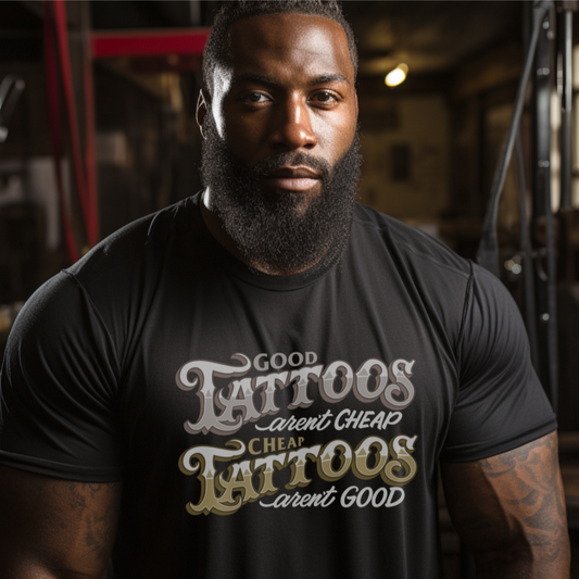 Q. Grey tone "Good Tattoos Aren't Cheap" Short Sleeve T-Shirt. Tall, Big & Tall. Black